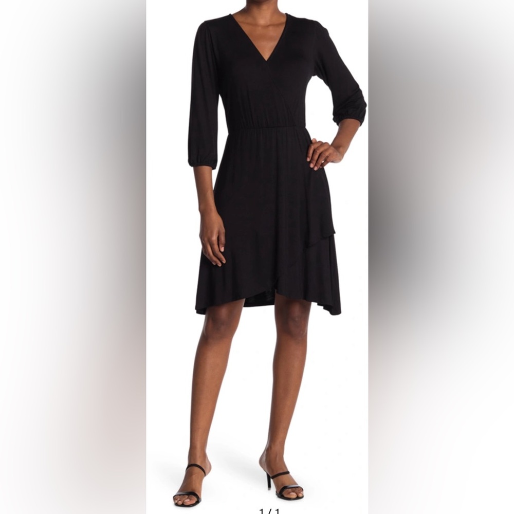 LOVEAPPELLA BLACK SOLID 3/4 SLEEVE FAUX WRAP DRESS Size Small (2-4) NWT